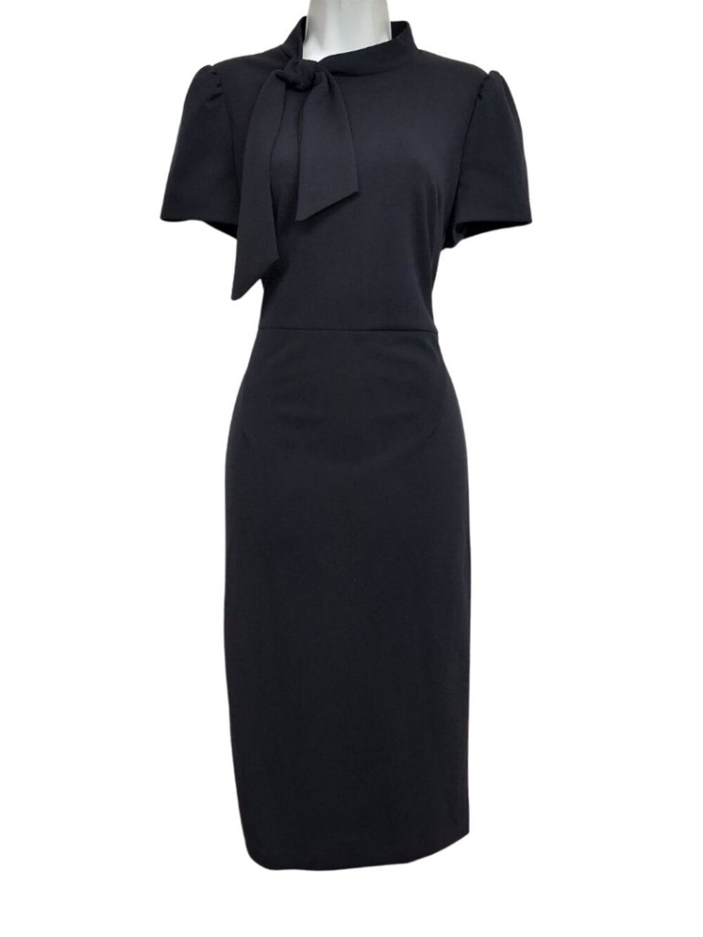 MAGGY LONDON Sheath Midi Dress Navy Blue Jackie O Short Sleeve Front Bow 10 M
